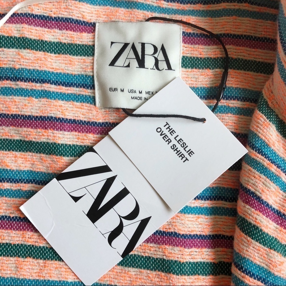 ZARA NWT “Leslie” Striped Shirt Jacket Size Medium in Bright Pink Multi - Picture 12 of 15